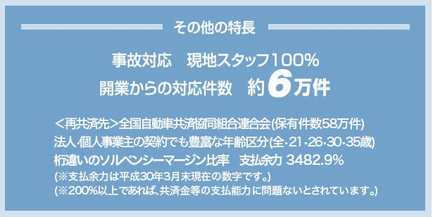 その他の特長 事故対応 現地スタッフ100% 開業からの対応件数 約6万件 ＜再共済先＞全国自動車共済協同組合連合会（保有件数58万件） 法人・個人事業主の契約でも豊富な年齢区分（全・21・26・30・35歳） 桁違いのソルベンシーマージン比率　支払余力 3482.9% (※支払余力は平成30年3月末現在の数字です。） (※200%以上であれば、共済金等の支払い能力に問題ないとされています。）